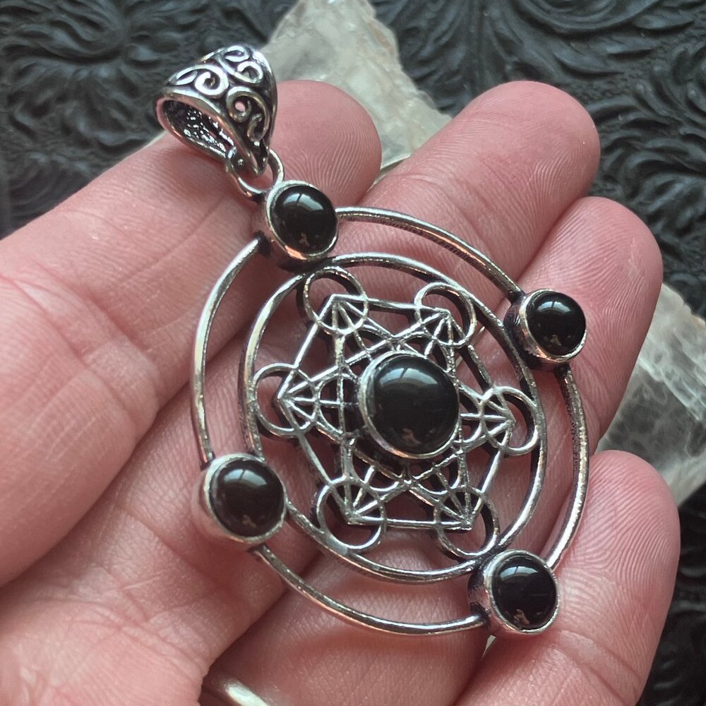Black Obsidian Metratrons Cube Sacred Geometry Stone Crystal Pendant Jewelry